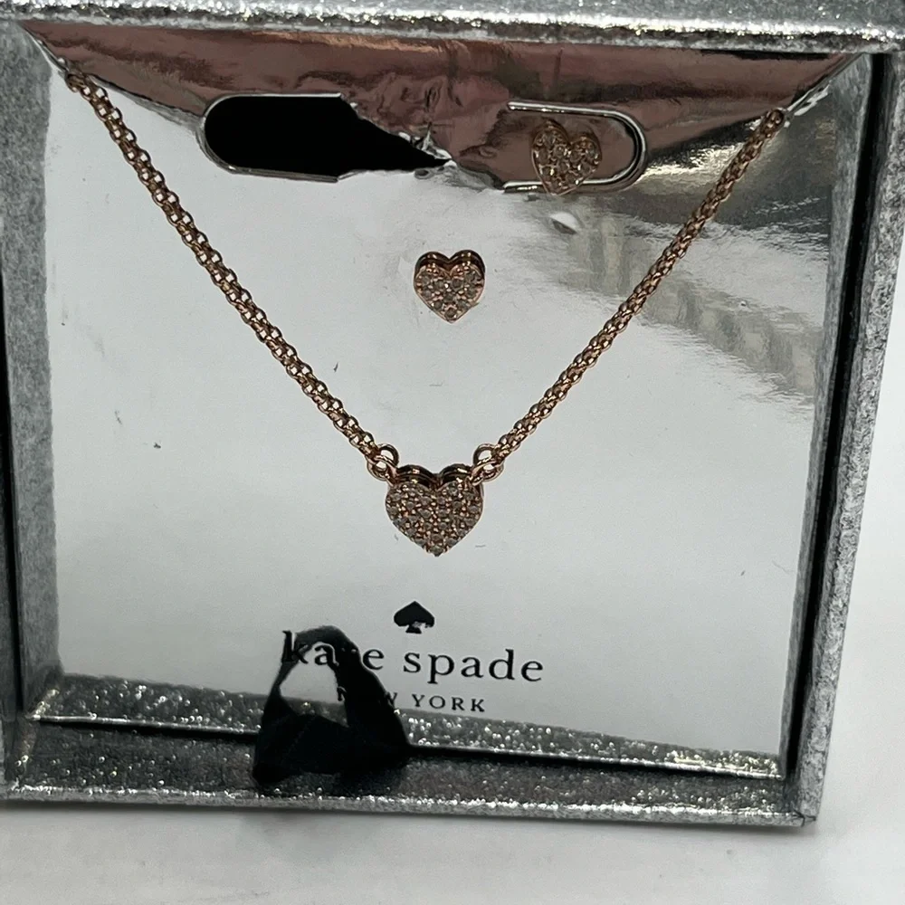 Kate Spade Yours Truly Boxed Rose Gold Dainty Pave‎ Necklace and Earring set New